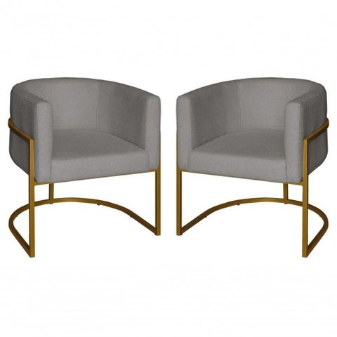 Kit 2 Poltronas Decorativa Luxo Base de Metal Dourada Escritório Recepção Sala Suede Prata Eli M