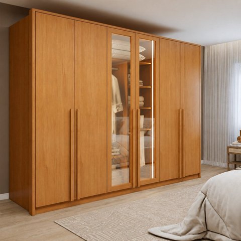 Guarda Roupa Casal 6 Portas Vidro Refleta e 6 Gavetas MDF com LED Imperiale Premium