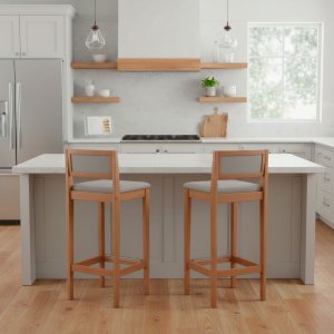 Kit 2 Banquetas Assento Encosto Estofado em Linho Hellen:mel com Linho Prata