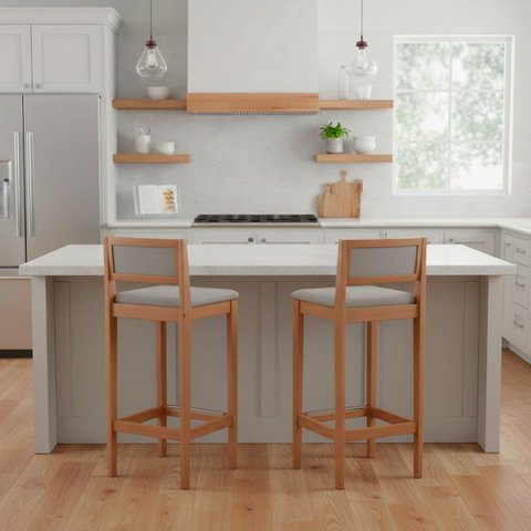 Kit 2 Banquetas Assento Encosto Estofado em Linho Hellen:mel com Linho Prata