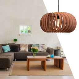 Kit 2 Pendente Mdf Poptem Elíptica Madeira Lustre 48cm Luminária Sala - 2