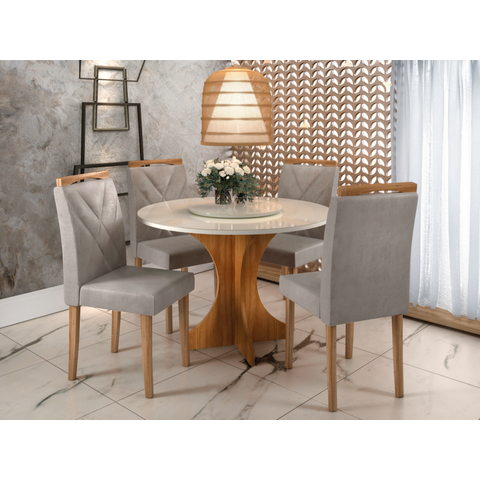 Sala de Jantar Siena 100cm c/Vidro com 4 Cadeiras Madeira Maciça California Cinamomo/Off Veludo Prat