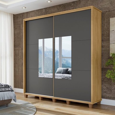Guarda-Roupa Casal Monte Carlo com 2 Portas de Correr com Espelho e 4 Gavetas Internas e Maleiros Cinza/Cinamomo/Grafite