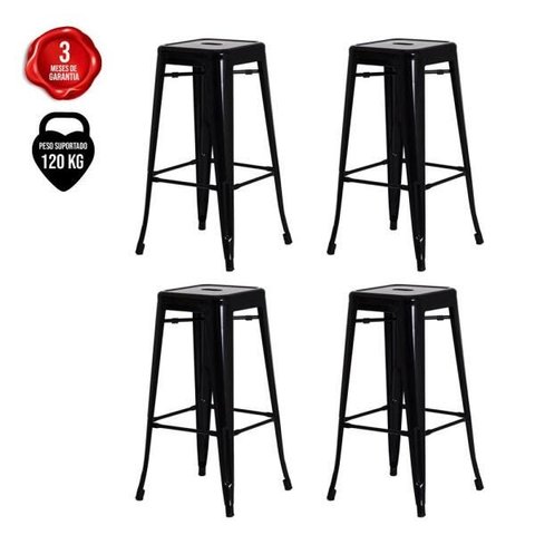 Kit 4 Banquetas Alta para Bar Cozinha Tolix Iron Industrial Preta - Preto