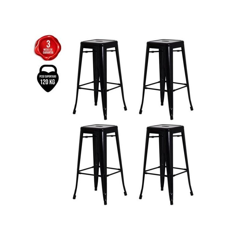 Kit 4 Banquetas Alta para Bar Cozinha Tolix Iron Industrial Preta - Preto