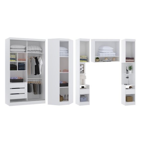 Guarda Roupa Dormitório Modulado Alpes Solteiro Canto c/ 2 Portas de Correr - Luciane M01:Branco