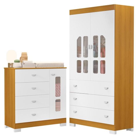 Jogo de Quarto Infantil New Katatau Guarda Roupa e Cômoda Branco Fosco/savana - Reller Móveis