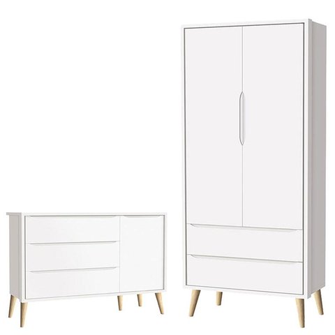 Cômoda Infantil com Porta e Guarda Roupa 2 Portas Theo Branco Acetinado Pés Madeira Natural – Reller