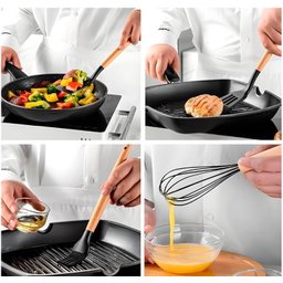 Kit 12 Utensílios de Cozinha em Silicone e Cabo de Madeira Resistente Ao Calor - Rosa - 4