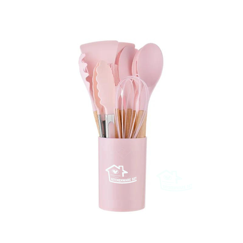 Kit 12 Utensílios de Cozinha em Silicone e Cabo de Madeira Resistente Ao Calor - Rosa