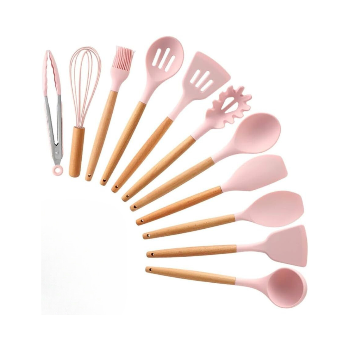 Kit 12 Utensílios de Cozinha em Silicone e Cabo de Madeira Resistente Ao Calor - Rosa - 3