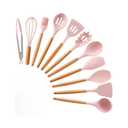 Ver imagem 3 de Kit 12 Utensílios de Cozinha em Silicone e Cabo de Madeira Resistente Ao Calor - Rosa