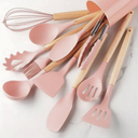 Ver imagem 2 de Kit 12 Utensílios de Cozinha em Silicone e Cabo de Madeira Resistente Ao Calor - Rosa