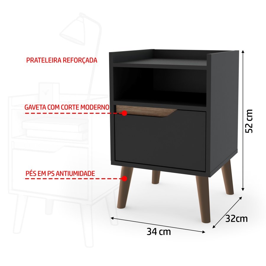 Mesa de Cabeceira Pés Palito 1 Gaveta Gabriela Várias Cores:preto - 4