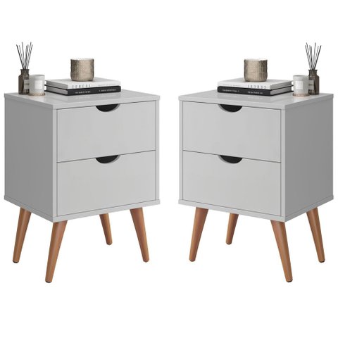 Kit 2 Mesa de Cabeceira Retro Madri C/ 2 Gavetas Vintage:branco