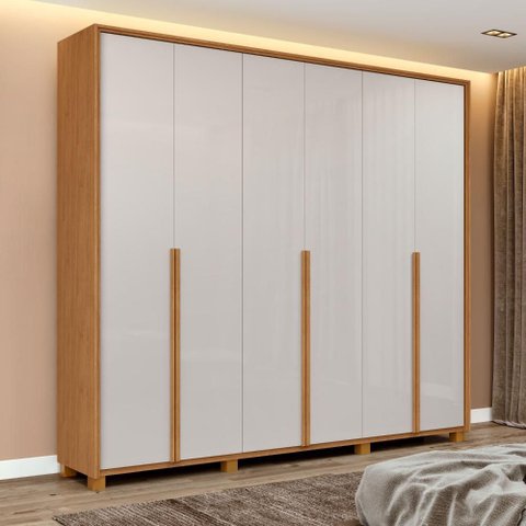 Guarda Roupa Casal 100% Mdf 6 Portas Easy Move 2,40 com Pés Amendoa Clean/off White