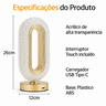 Luminária de Mesa Abajur Decorativo Efeito Cristal Dourado Touch 3 Tons Bateria Recarregável:Modelo  - 2
