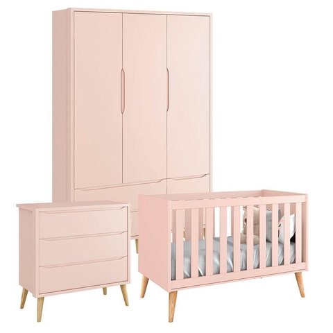 Quarto de Bebê Theo 3 Portas Cômoda Gaveteiro Rosa com Pés Madeira Natural – Reller