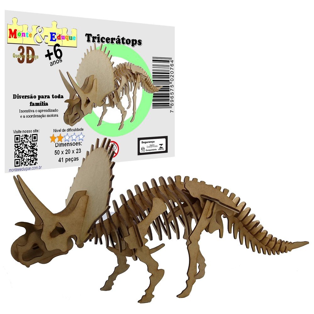 Brinquedo Quebra Cabeça 3D Dinossauro Tricerátops Mdf | MadeiraMadeira