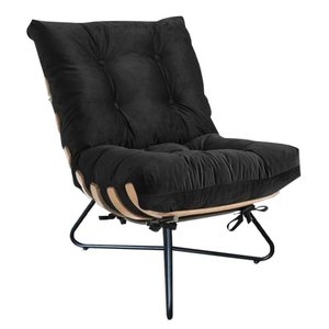 Poltrona Costela Madeira X Pés Cruzados Sala Quarto Recepção Escritório Corino Preto - Amey Decor AM