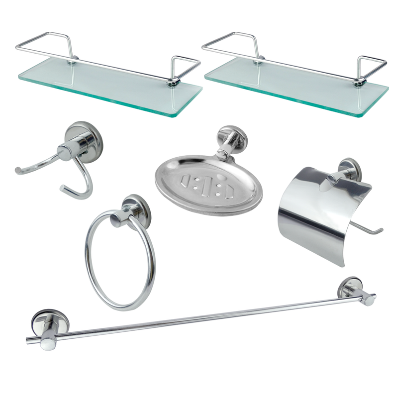 Kit Acessório para Banheiro Aço Inox 5 Peças + 2 Porta Shampoo Vidro Retangular Cód. 3970