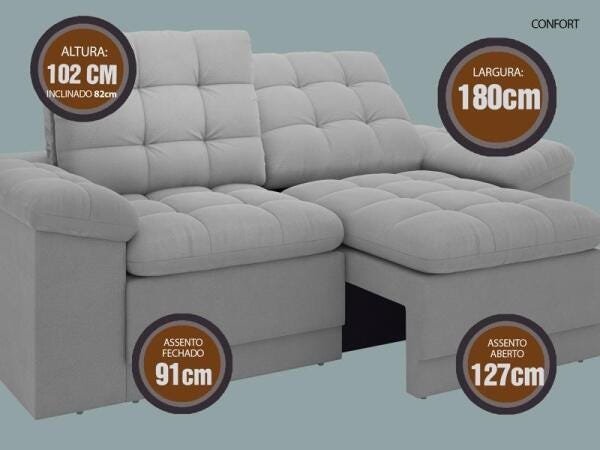 Sofá Confort 1,80M Assento Retrátil e Reclinável Velosuede Grafite - Netsofás - 3