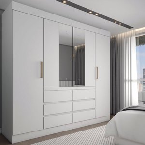 Guarda-roupa Casal Honey 4 Portas 6 Gavetas com Espelho Branco - Pm