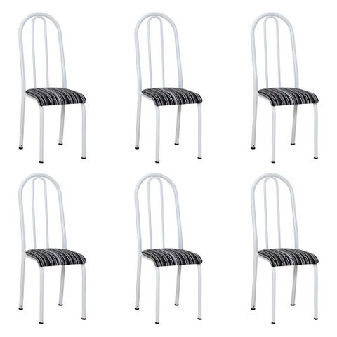 Kit 6 Cadeiras de Cozinha Flórida Estampado Preto Listrado Pés de Ferro Branco