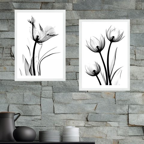 Kit 2 Quadros Fotos Flores Tulipas Minimalistas 24x18cm:moldura Branca