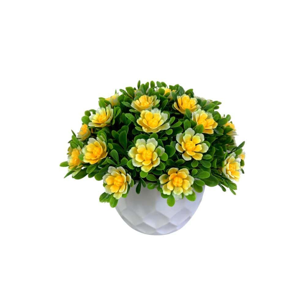 Vaso Geométrico Decorativo + 1 Arranjo de Flor Artificial Cor:Amarelo/Branco - 4
