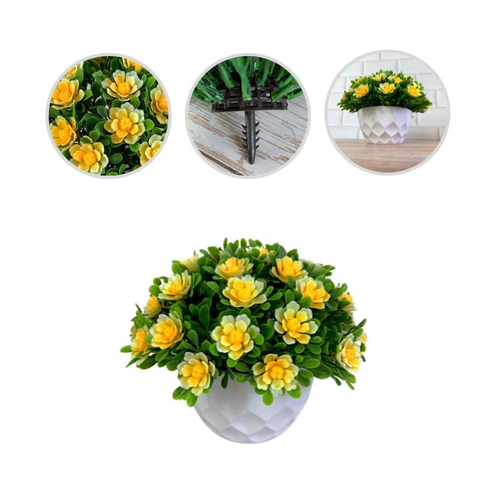 Vaso Geométrico Decorativo + 1 Arranjo de Flor Artificial Cor:Amarelo/Branco - 2