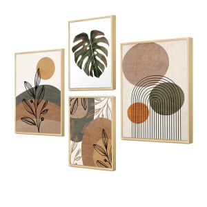 Kit 4 Quadros Decorativos Plantas Formas e Linhas Boho Moderno Sala e Cozinha