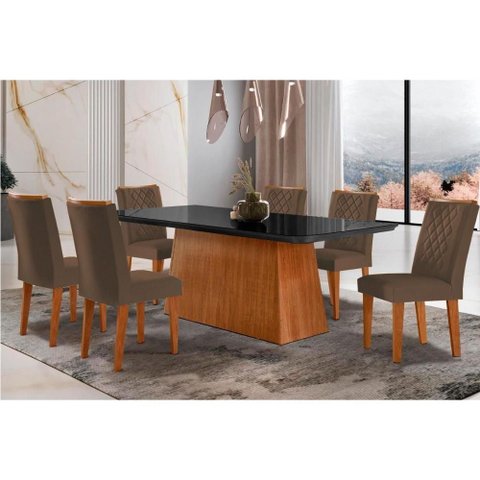 Conjunto: Mesa de Cozinha Luna C/ Tampo de Vidro Canto Curvo 180x90cm e 6 Cadeiras Jade Imbuia/