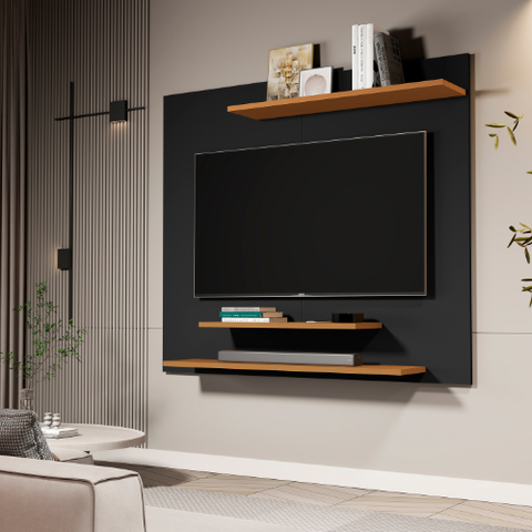 Painel de Parede para Tv 42” com 3 Prateleiras para Sala ou Quarto - Jm3 Móveis:preto/nature