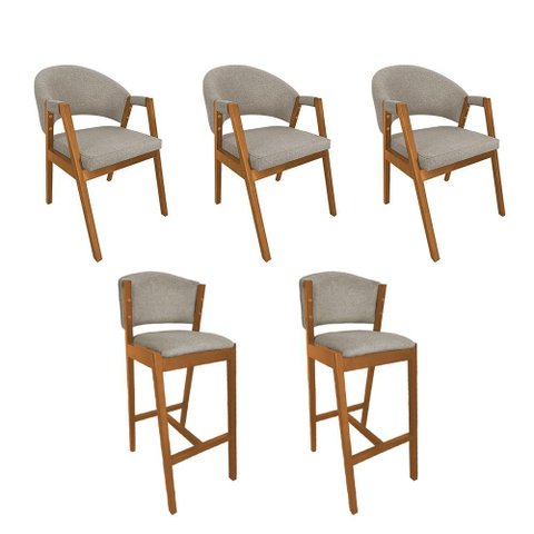 Kit 3 Cadeiras de Jantar Helen Madeira Maciça com 2 Banquetas Ana Cerejeira Premium Linho Bege