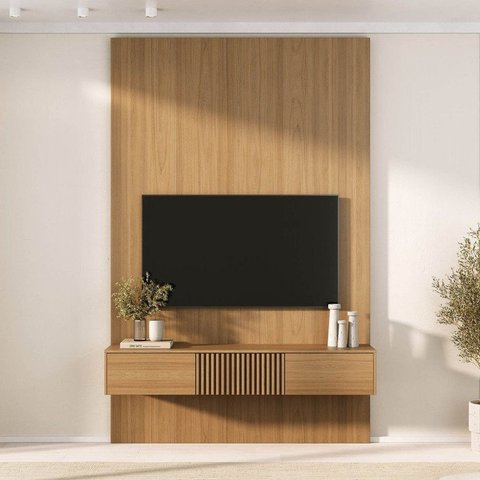 Rack Ripado com Painel TV até 60 Polegadas 160CMX250CM Aruá CabeCasa MadeiraOriginals Marrom/Jatobá