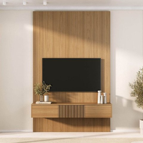 Rack Ripado com Painel TV até 60 Polegadas 160CMX250CM Aruá CabeCasa MadeiraOriginals Marrom/Jatobá