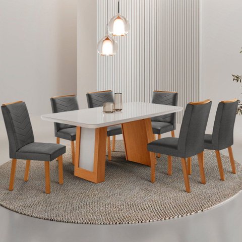 Mesa de Jantar Carolina Tampo 180cm MDF com Vidro Canto Copo e 6 Cadeiras Liz