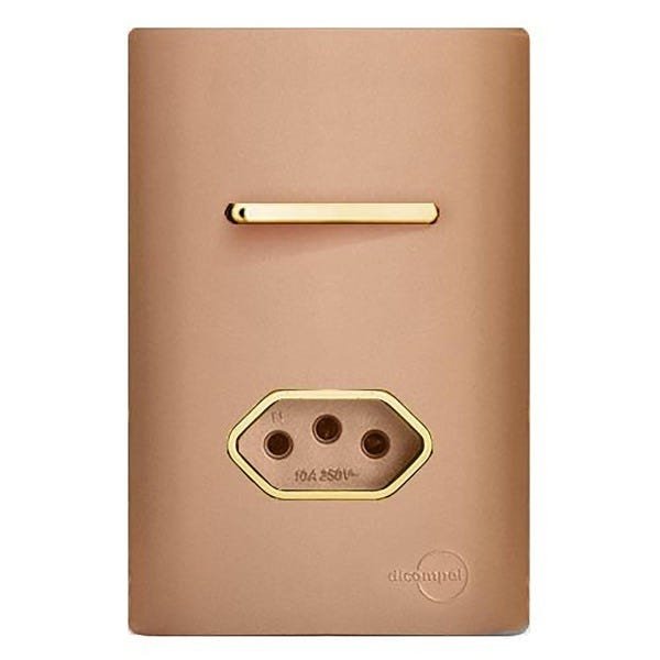 Conjunto Interruptor Simples + Tomada 10A com Suporte 4x2 - Dicompel Novara Ouro Rose Gold