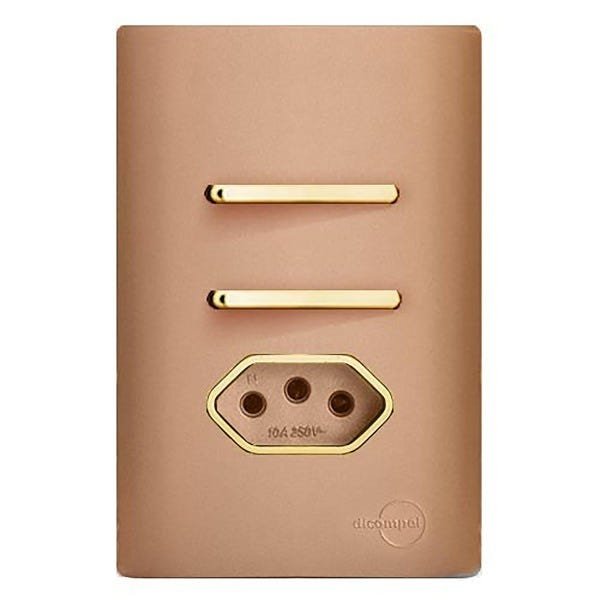 Conjunto Interruptor Duplo Simples + Tomada 10a com Suporte 4x2 - Dicompel Novara Ouro Rose Gold