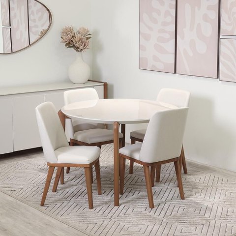 Conjunto de Jantar Mesa Redonda com Vidro Donatella 4 Cadeiras Kalina - Natural C/ Off White