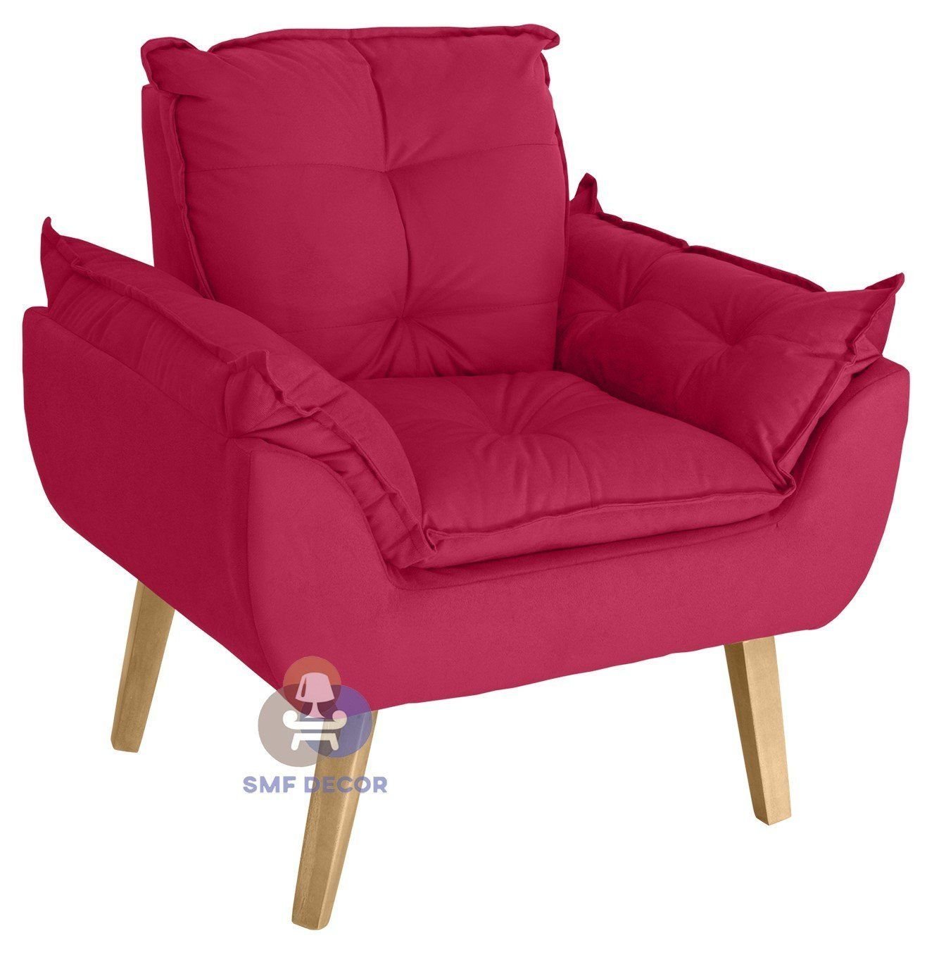 Kit 02 Poltrona/cadeira Decorativa e Puff Glamour com Pés Quadrado Vermelho - 4