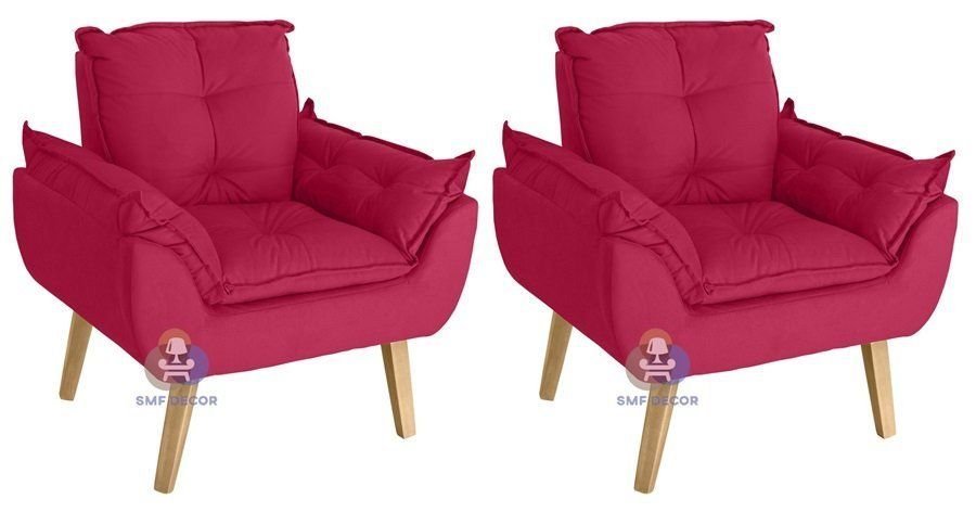 Kit 02 Poltrona/cadeira Decorativa e Puff Glamour com Pés Quadrado Vermelho - 2