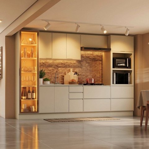 Cozinha Completa 100% MDF com Cristaleira e Torre Quente 2 Fornos Fineze