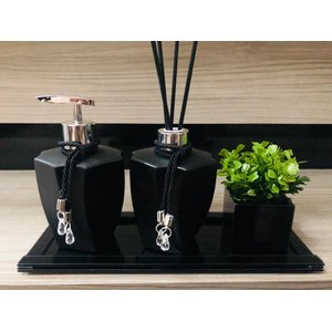Kit Banheiro Preto Vaso Plantinha Difusor Sabonete Bandeja