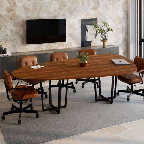 Mesa de Reunião Orgânica 2,70x1,60m com Pés em Metal e Tampo Bipartido F5 Corporate Marrom/Nogal/Preto