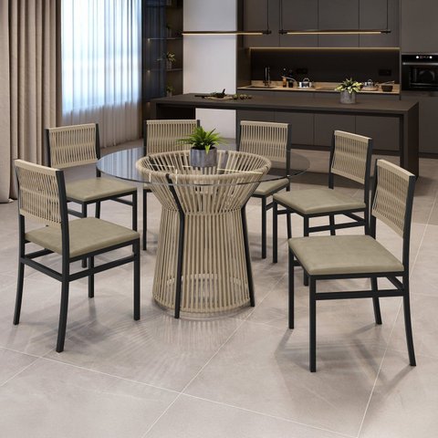 Conjunto Sala de Jantar Mesa Redonda Tampo de Vidro Valência 120cm com 6 Cadeiras Barcelona