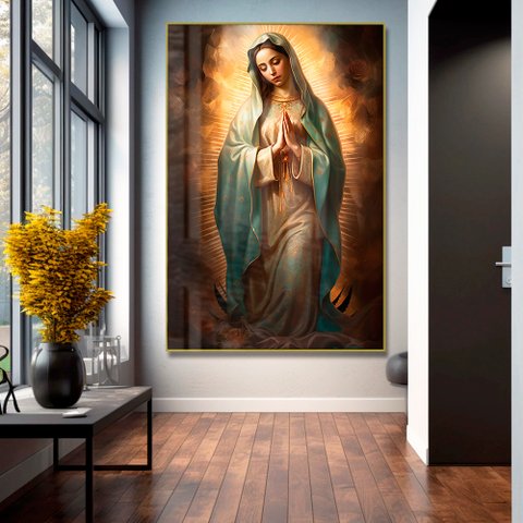 Quadro Decorativo Virgem Guadalupe em Moldura Caixa TaColado Moldura Trad 1cm Branca sem Vidro 30 x 