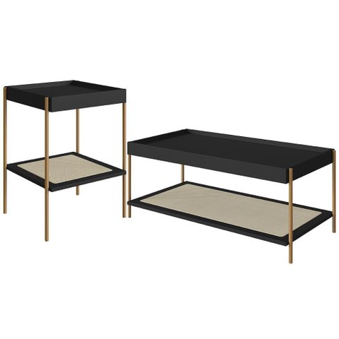 Conjunto Mesa de Centro e Mesa Lateral para Sala Industrial Indy A03 Nero Dourado
