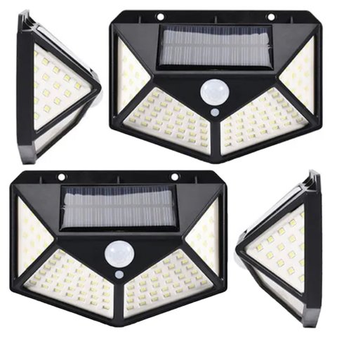 Luminaria Solar 100 Leds Sensor Presença Andarela Parede Kit 4 Und Casa Iluminaçao Externa Casa